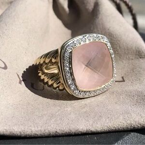 David Yurman Albion 18k Gold Ring Rose Quartz Center Diamond Halo - Size 8.25